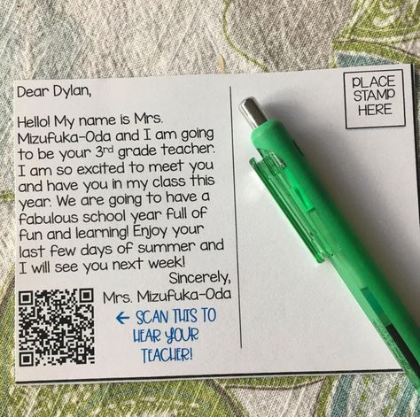 Send a postcard to students that includes a QR code that leads to a voice recording Teacher Postcards, 2024 Classroom, Letter To Students, Techie Teacher, Welcome To School, Back To School Night, Welcome Letters, Kindergarten Class, Welcome Back To School