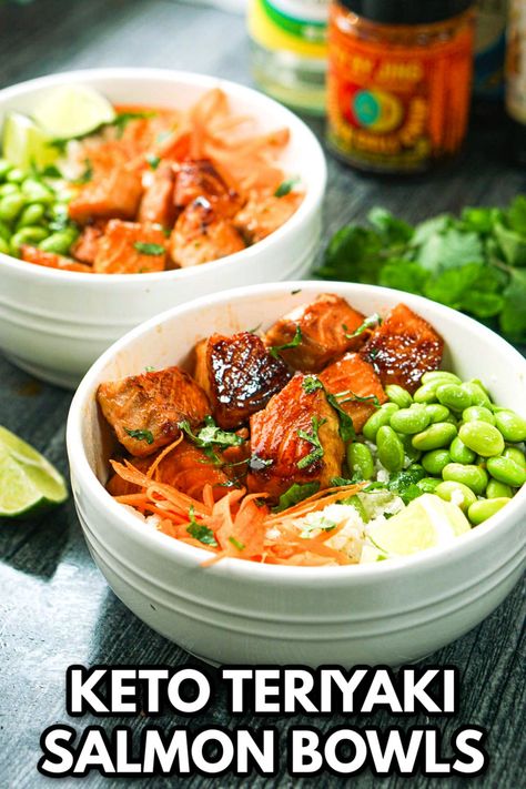 white bowls with keto teriyaki salmon buddha bowls and text Keto Rice Bowl Recipe, Salmon Bowl With Cauliflower Rice, Keto Teriyaki Salmon, Salmon Bowl Low Carb, Salmon Meal Prep Ideas Low Carb, Keto Salmon Bowl Recipes, Salmon Food Recipes, Salmon Keto Bowl, Salmon Cauliflower Rice Bowl