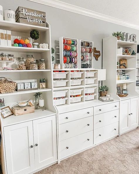 Craft Section In Room, Craft Organization Cabinet, Multi Purpose Craft Room Ideas, Multi Purpose Office And Craft Room, White And Gold Craft Room, Craft And Toy Room, Business Set Up Ideas, School Storage Room, Craft Room In Garage