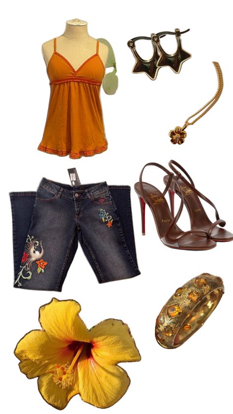 #hibiscus #outfit #orange #boho #vintage #tropics #island Hibiscus Outfit Aesthetic, Orange Fits Aesthetic, Hibiscus Aesthetic Outfits, Tropical Outfits Aesthetic, Orange And Gold Outfit, Tropic Outfit, Orange Outfits Aesthetic, Tropical Core Outfit, Hibiscus Outfit