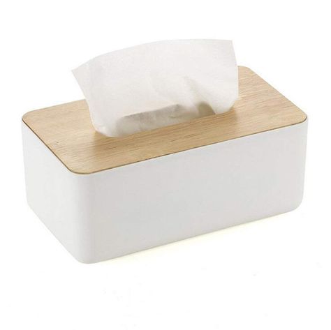 White and wood tissue box cover. Garden Storage Box, Tissue Dispenser, Box Creative, Paper Dispenser, Decoupage Box, Tissue Box Holder, Bathroom Office, Tissue Box Cover, Tissue Holder