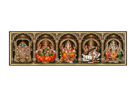 5 Hindu Gods In One Photo Frame, 5 Gods In One Photo, All God Photos In One Frame, Hindu Traditions, Devi Saraswati, Standing Posture, Indian Wall Art, God Photos, Star Goddess