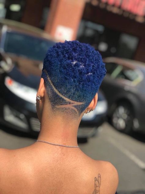 Maybe a third big chop is in my future. This cut and color is so dope! I love how natural hair is so versatile. Would you rock this style and color? Why or why not?  #naturalhairstyles #naturalhair #haircolor #haircuts #protectivestyles #hairdye #clippercut #blackhairstyles #blackgirlmagic #blackhairstyles #blackhairstylesnatural Blue Dyed Hair Black Women, Short Natural Haircuts, Cabello Afro Natural, Shaved Hair Designs, Dark Blue Hair, Tapered Natural Hair, Pompadour Hairstyle, Natural Hair Cuts, Tapered Hair