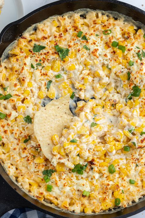 Baked Elote Dip Superbowl Food Dips, Hot Elote Corn Dip, Elote Cheese Dip, Skillet Corn Dip, Creamy Elote Dip, Elote Style Pickles, Elote Queso Dip, Elotes Dip Recipe, Elote Bake