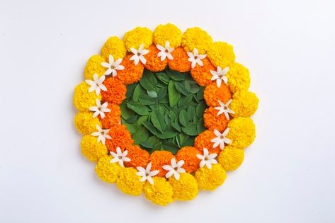 Premium Photo | Marigold flower rangoli design for diwali festival Rangoli With Marigold Flowers, Marigold Rangoli Design, Flower Rangoli Designs Ideas Beautiful, Marigold Rangoli, Simple Flower Rangoli Diwali, Marigold Flower Rangoli, Flower Rangoli Designs Simple, Small Flower Rangoli, Rangoli With Flowers