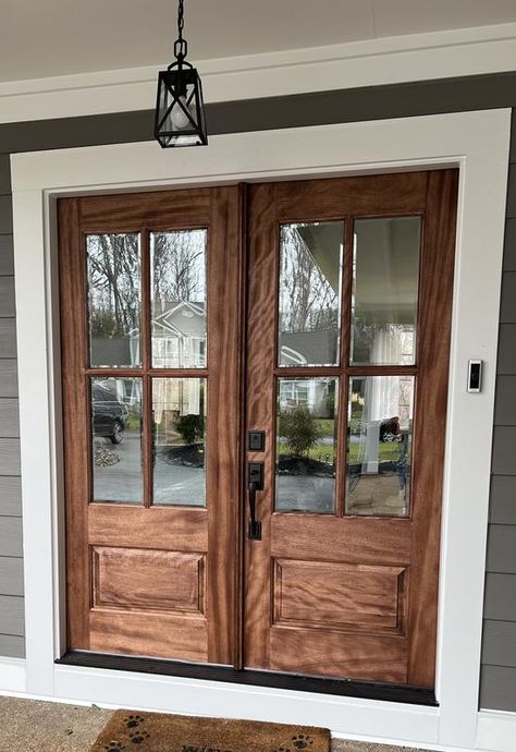 Wood Front Doors Double, Double Front Entry Doors 8ft, Knotty Alder Front Door With Sidelights, Best Double Front Doors, Pine Double Doors, 3/4 Light Door, Craftsman Style Double Front Door, Double Farmhouse Doors, Exterior Double Doors With Transom