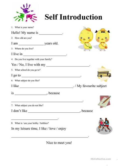 Self Introduction, English Grammar For Kids, Grammar For Kids, Writing Introductions, English Teaching Materials, Learning English For Kids, English Worksheets For Kids, Learning Worksheets, Kids English