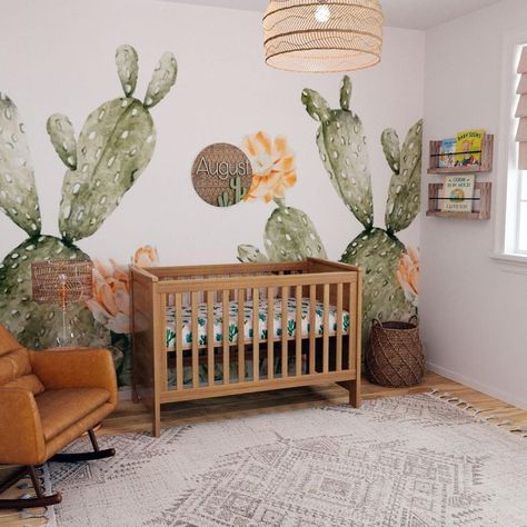 gender neutral Cacti Wallpaper, Boho Style Wallpaper, Cactus Wallpaper, Western Nursery, Wallpaper Boho, Wallpaper Nursery, Vintage Floral Wallpapers, Nursery Room Design, Girl Nursery Room