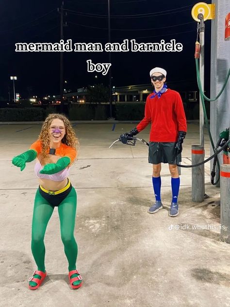 mermaidman and barnacle boy Cool Halloween Couple Costumes, Perry The Platypus Costume Couple, Creative Couples Costumes 2023, Holloween Costume Ideas Couple Creative, Halloween Town Costumes, Women Duo Halloween Costumes, Couple Costume 2023, Mens Halloween Costumes 2023, Couples Costume Ideas 2023