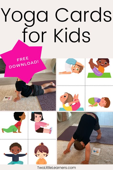 This post is all about yoga for kids and how to get free yoga cards. These cards have free kids yoga poses and are perfect for toddler yoga or preschool yoga. Learn how to get your free printable yoga poses for kids cards for the perfect calm activity for kids at twolittlelearners.com Active Kids Games, Yoga For Toddlers, Kids Yoga Poses Printable, Preschool Yoga, Toddler Yoga, Yoga Poses For Kids, Christian Yoga, Science For Toddlers, Free Worksheets For Kids