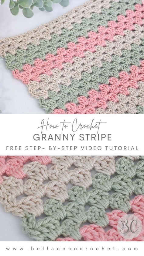 Learn how to crochet the granny stripe Granny Stripe Crochet, Granny Stripe Blanket, Knitting Quilt, Crochet Granny Stitch, Crochet Blanket Stitch Pattern, Bella Coco, Granny Stripe, Stripe Blanket, Crochet Basket Pattern Free