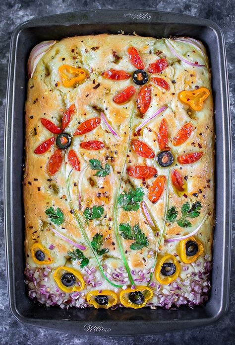 Light and airy Focaccia bread recipe infused with Italian herb seasoning and topped with dried rosemary and olive oil is an absolute crowd-pleaser for your upcoming parties, holidays, or potlucks. #focacciabread #veganbread #veganfocaccia #homemadebreads Foccacia Bread Thanksgiving Art, Faccia Bread Recipes, Foccia Bread, Vegan Focaccia, Focaccia Recipes, Paratha Roti, Foccacia Recipe, Focaccia Art, Homemade Focaccia Bread