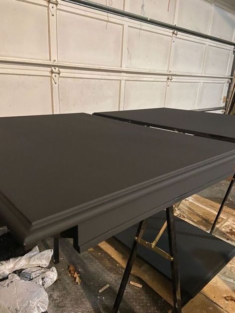 Modern Painted Coffee Table, Matte Black Dining Table, Painting Dining Room Table Black, Painted Black Dining Table, Diy Black Dining Table, Dining Room Table Makeover Paint, Black Table Wood Chairs, Black Painted Dining Table, Black Stained Dining Table