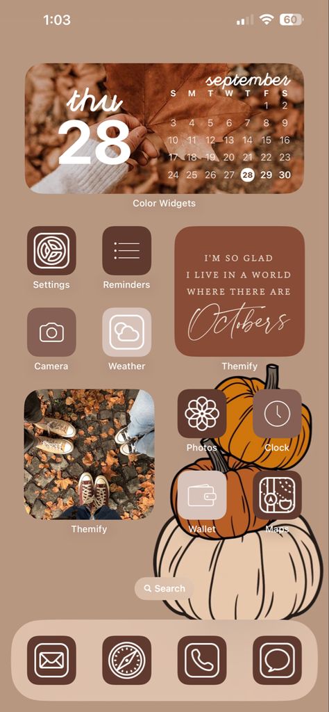 Autumnal Phone Background, Fall Home Screen Widgets, Iphone Fall Home Screen, Fall Theme Home Screen, Fall Phone Ideas, Autumn Ios Homescreen, Ios 16 Home Screen Ideas Fall, Autumn Aesthetic Homescreen, Custom Home Screen Iphone