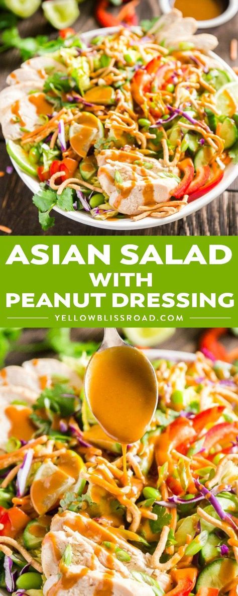 Asian Salad with Peanut Dressing is crisp, refreshing and full of delicious flavors- this is the perfect healthy main dish but can also be made to feel a crowd as a side dish or starter that will have people fighting for seconds! #salad #dinnerrecipes  #yellowblissroad Cooked Chicken Leftovers, Asian Christmas, Salad With Peanut Dressing, Asian Salad Recipe, Asian Salad Dressing, Peanut Salad, Salads For A Crowd, Peanut Dressing, Asian Salad