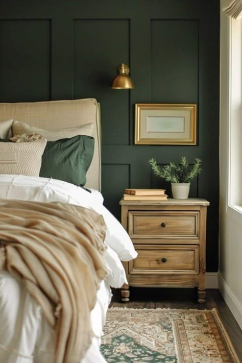 Moody Bedroom Colors, Hunter Green Bedroom, Hunter Green Bedrooms, Green Bedroom Paint, Cozy Bedroom Decor Ideas, Green Bedroom Walls, Bedroom Decoration Ideas, Bedroom 2024, Bedroom Hacks