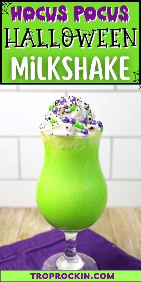 Sprite Halloween Drink, Hocus Pocus Halloween Milkshake, Hocus Pocus Shake, Halloween Slushy Drinks, Beetlejuice Drinks For Kids, Halloween Milkshakes For Kids, Hocus Pocus Milkshake, Fall Party Drinks For Kids, Halloween Kid Friendly Drinks