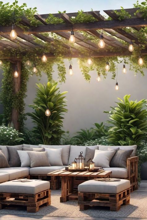 Cozy outdoor seating area with a wooden pergola, hanging string lights, and lush green plants. Patio Furniture With Pallets, Backyard Pallet Furniture, Veranda Inspiration, Patio Pallet Furniture, Palette Outdoor Furniture, Palette Crafts, Garden Ideas Using Pallets, Veranda Furniture, Cozy Deck