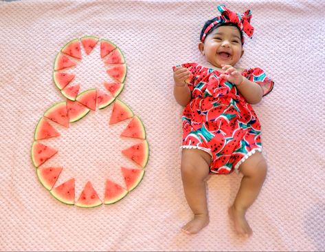 Fruit Monthly Milestone, Watermelon Theme Photo Shoot, Watermelon 6 Month Pictures, Strawberry Milestone Pictures, Seasonal Monthly Baby Pictures, 8 Month Photo Ideas, June Monthly Baby Photo, June Photoshoot Ideas, Watermelon Photoshoot Ideas