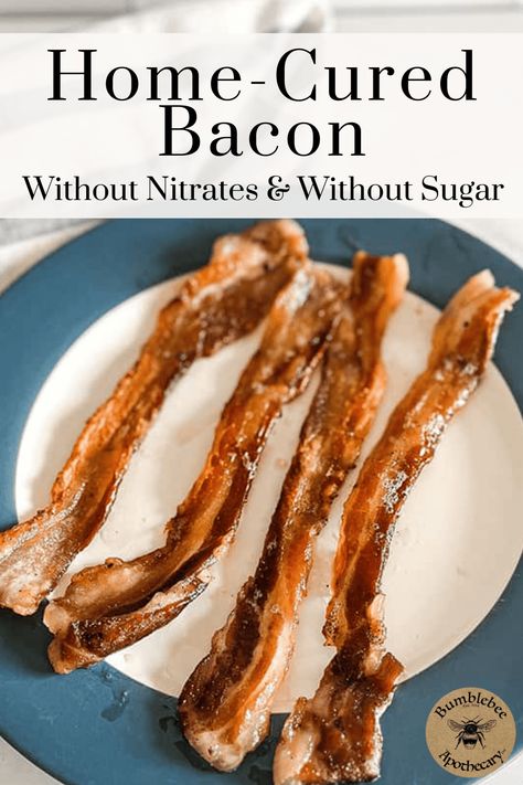 Learn how to make home-cured bacon without nitrates and without sugar! Home Cured Bacon, Bacon Curing Recipes, Nitrate Free Bacon Recipe, Home Made Bacon, Smoked Bacon Recipes, Curing Bacon, Salami Recipes, Fresh Ham, Curing Salt