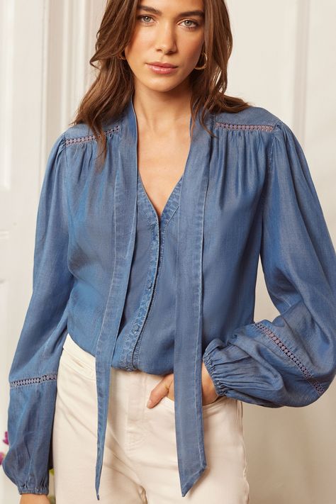 Blouse featuring chiffon fabric long sleeves with shirred cuffs and tie neck detail. 100% Tencel Lyocell. Girls Top Design For Jeans, Girls Top Design, Chiffon Shirt Blouse, Roses Blue, Chiffon Blouses, Gamine Style, Blouse Embroidery, Love Roses, Classic Outfit