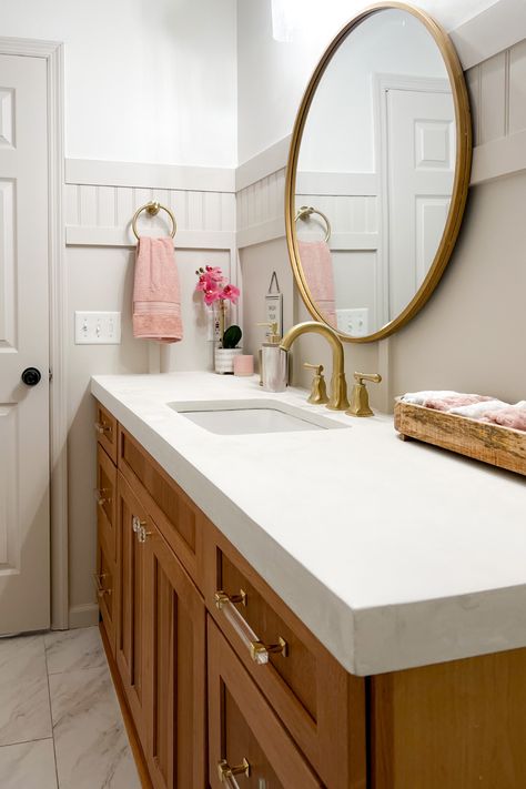 Bathroom Vanity With Concrete Countertop, Bathroom Counter Update, Alternative Bathroom Countertop, Bathroom With Concrete Countertops, Large Tile Countertops Bathroom, Update Bathroom Countertop, Concrete Countertop Bathroom, Diy Concrete Bathroom Countertops, Cream Concrete Countertops