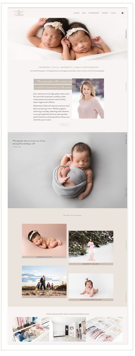 Sue Skrabek Photography Squarespace website design by Jodi Neufeld Design | newborn and child photographer website Family Website Design, Blog Layout Inspiration, Squarespace Inspiration, Photographer Website Design, Photography Website Design, Blog Design Inspiration, Squarespace Web Design, Squarespace Design, Photographer Website