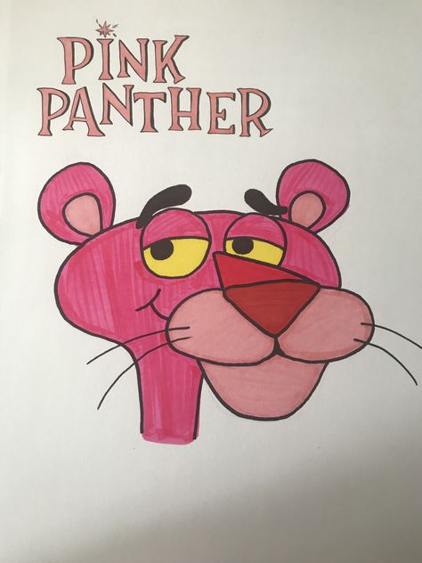 no stencils used:) easy handmade pink panther cartoon art with lettering Pink Drawings Easy, Easy To Draw Cartoon Characters, Pink Panther Drawing Easy, How To Draw Pink Panther, Pink Panther Drawing, Pink Panther Sketch, Pink Panther, Pink Panter Drawings, Pink Panther Painting