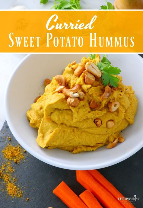 Curried Sweet Potato Hummus - Labeless Nutrition Canned Sweet Potatoes, Friendsgiving Recipes Appetizers, Curry Hummus, Curried Sweet Potato, Potato Hummus, Pepperoni Recipes, Sweet Potato Hummus, Canning Sweet Potatoes, Sweet Potato Curry