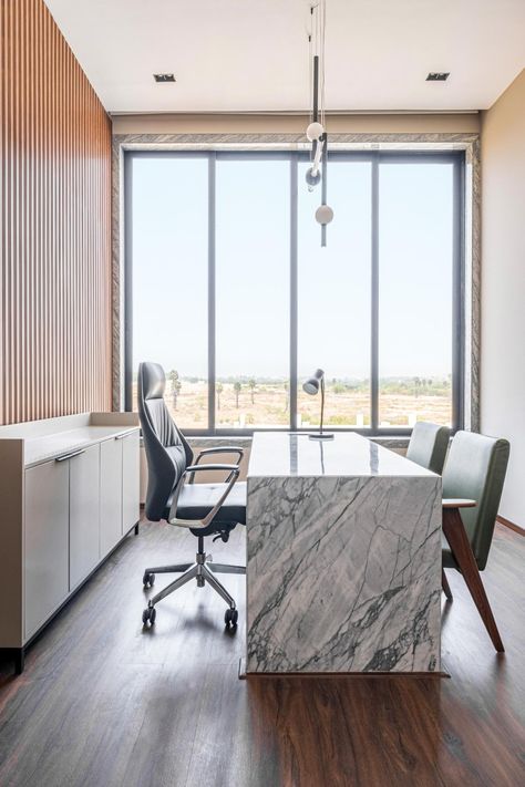 Wabi Sabi Office, Japandi Style Interior Design, Taupe Chair, Cement Tile Floor, Contemporary Office Design, Wabi Sabi Interior, Marble Desk, Contemporary Office, Dining Nook