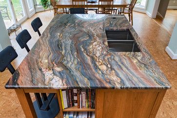 Fusion granite island Popular Granite Colors, Quartzite Kitchen Countertops, Richmond House, Dark Granite Countertops, White Granite Colors, Fusion Kitchen, Granite Kitchen Island, Curved Kitchen, Kitchen Remodel Countertops