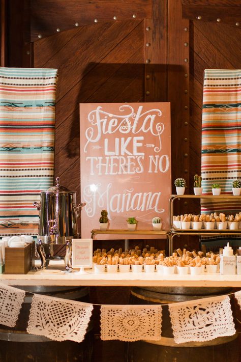 How cute is this Fiesta Like There's No Manana sign for a fun mini churro bar at your wedding? | Courtney and Andrew’s Watercolor Themed Winery Wedding | #equalitymindedweddings #lgbtweddingmagazine #loveinc #vineyardwedding #winerywedding #minichurros #weddingsigns #fiestawedding Churros Bar Wedding, Churro Bar Wedding Dessert Tables, Churros Wedding Bar, Churros At Wedding, Empanada Bar Wedding, Churro Wedding Bar, Pan Dulce Wedding Bar, White Fiesta Party, Fiesta Theme Wedding Receptions