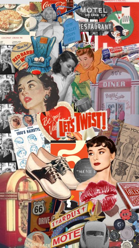 #1950s 1950s Aesthetic Art, 1950 Wallpaper, 50s Aesthetic Wallpaper, 1950s Collage, 1950 Aesthetic, 50's Aesthetic, 40s Aesthetic, 50s Wallpaper, Preppy Backgrounds