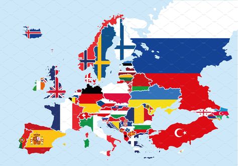 Flags Europe Map by asantosg on @creativemarket All World Flags, Flags Europe, World Country Flags, Pastel Blue Background, Map Of Europe, Europe Continent, Countries And Flags, Asia Map, Flag Country