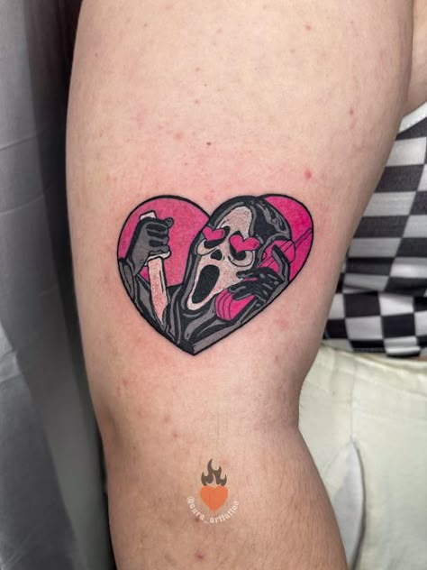 #ghostface #ghosttattoo #hearttattoo #spooky #spookytattoo #spookyseason Ghost Face Heart Tattoo, Ghostface Heart Tattoo, Cute Ghost Face Tattoo, Cute Ghostface Tattoo, Small Ghostface Tattoo, Black And Pink Tattoo, Scream Tattoos, Ghost Face Tattoo, Pink Tattoo Ink