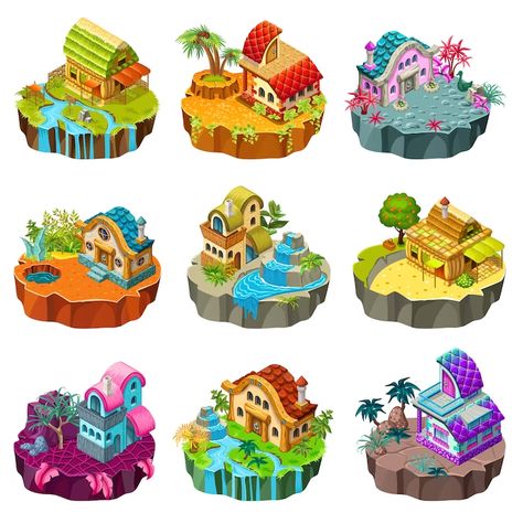 Free Vector | Isometric islands with cottages. Pixel Art Isometric, Isometric Island, Modern Washing Machines, Washing Symbols, Nature Icon, Nautical Logo, Scary People, Smart Fridge, Water Flood