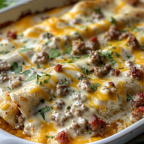 Hearty Southern Breakfast Enchiladas With Sausage Gravy - My Home Made Recipe Taste Of Home Breakfast Recipes, Freezer Breakfast Enchiladas, Breakfast Enchiladas Sausage, Southern Breakfast Enchiladas With Sausage Gravy, Gluten Free Breakfast Enchiladas, Breakfast Casserole With Biscuits Gravy, Breakfast Sausage And Gravy, Dinner With Breakfast Sausage, Smothered Breakfast Burritos