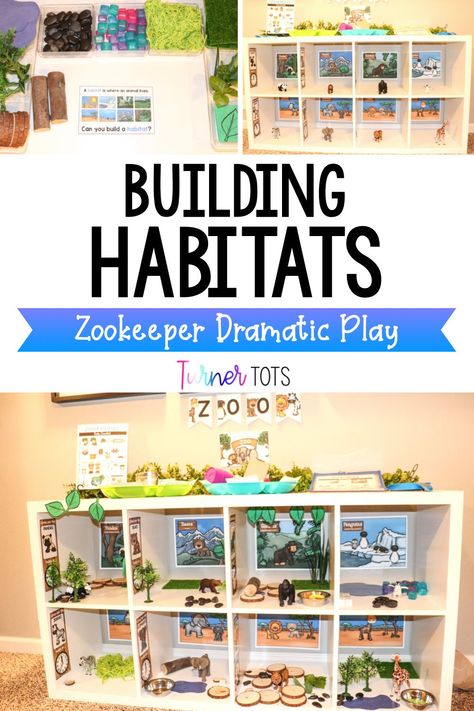 This zoo dramatic play center includes an invitation to build zoo animal habitats! Use natural materials to make the animal enclosures for lions, zebras, penguins, gorillas, and more. These habitat activities for kids will get them learning about where animals live during your zookeeper dramatic play. Animal Pretend Play Ideas, Animal Dramatic Play Center, Homeschool Dramatic Play, Preschool Building Center, Preschool Interest Areas, Animal Habitat Preschool Activities, Kindergarten Play Activities, Buildings Dramatic Play Preschool, Animal Centers Preschool