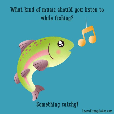 Fish Jokes, Funny Puns For Kids, Kid Friendly Jokes, Music Line, Fishing Jokes, Kid Jokes, Funny Corny Jokes, Bad Dad Jokes, Punny Jokes