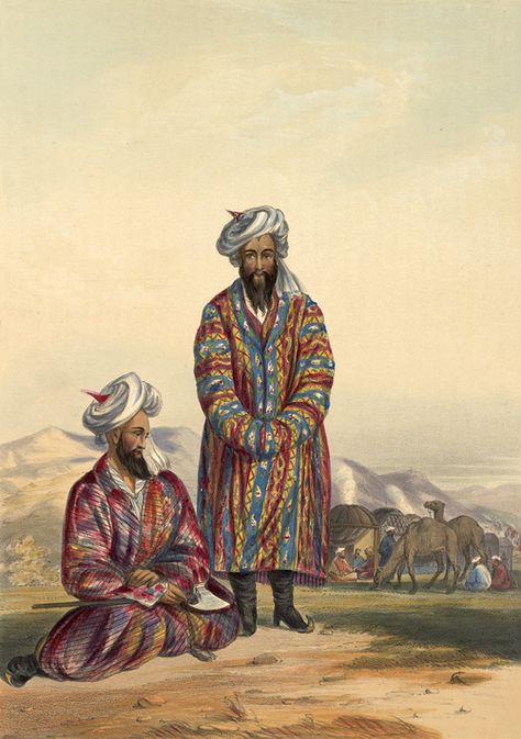 “Oosbegs of Mooraud Beg” Plate 20 of 'Afghaunistan' by Lieutenant James Rattray (1848). History, Islamic Art, Art History, Retro Pictures, Historical Artwork, Central Asia, Traditional Dress, Early 20th Century, Art Painting