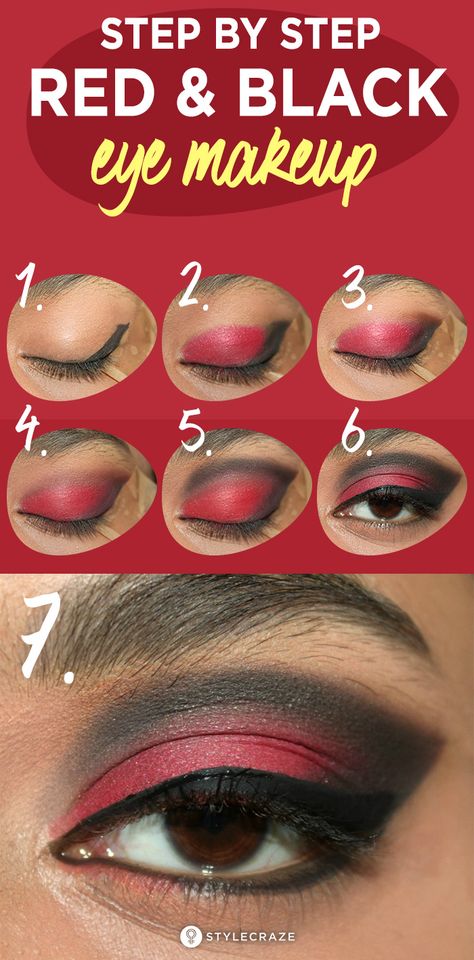 Red And Black Eye Makeup, Black And Red Makeup, Eye Makeup Step By Step, Black Makeup Looks, Arabic Eye Makeup, Red Eyeshadow Look, Red Smokey Eye, Eye Makeup Cut Crease, Red And Black Dress