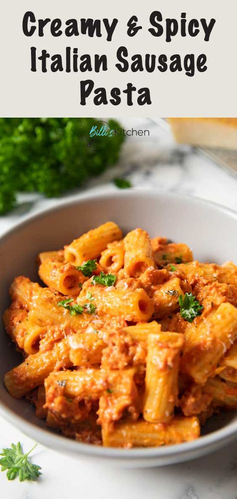 Craving for something spicy and quick for dinner? Then this Spicy Italian Sausage Pasta is the perfect dish for you! Deliciously creamy and filling, and ready in 30 minutes! Give it a try! Spicy Italian Sausage Pasta, Spicy Italian Sausage Recipe, Italian Sausage Pasta Sauce, Spicy Sausage Recipes, Hot Italian Sausage Recipes, Hot Sausage Recipes, Italian Sausage Recipes Pasta, Sausage Pasta Sauce, Spicy Pasta Recipes