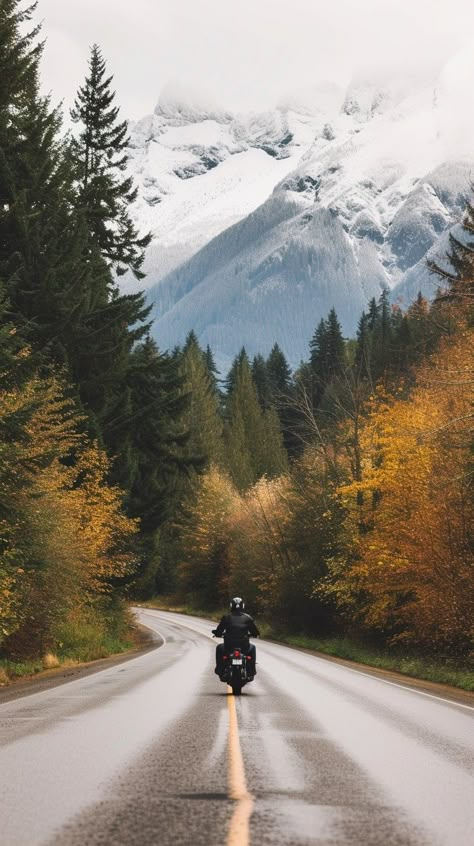 Motorcycle Mountain Adventure: A solo motorcycle rider travels down a picturesque road flanked by autumn trees and snowy mountains. #motorcycle #mountains #adventure #road #autumn #aiart #aiphoto #stockcake ⬇️ Download and 📝 Prompt 👉 https://ayr.app/l/wHJW Motorcycle Road Trip Aesthetic, Fall Motorcycle Photoshoot, Bike Travel Photography, Motorcycle Mountains, Adventure Photoshoot, Moto Wallpapers, Biker Photography, Adventure Motorcycle, Road Photography