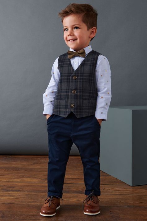 Kids Wedding Outfits Boys, Checked Trousers Outfit, Boys Church Outfit, Christmas Church Outfit, October Wedding Guest Outfits, Formal Boys Outfit, Baby Boy Fall Outfits, Waistcoat Outfit, Wedding Outfit For Boys