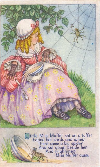 Little Miss Muffet postcard by M.S. | Believe to be by Milli… | Flickr Nursery Rhymes Poems, Old Nursery Rhymes, Little Miss Muffet, Childrens Poems, Miss Muffet, Childrens Poetry, Fairytale Nursery, Rhymes For Kids, Childrens Books Illustrations