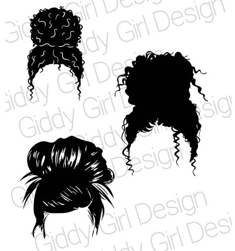 Messy Hair Illustration, Curly Hair Bun Drawing, Curly Bun Drawing, Curly Hair Tattoo Design, Curly Hair Tattoo, Messy Bun Drawing, Bun Curly Hair, Curly Aesthetic, Messy Bun Curly Hair