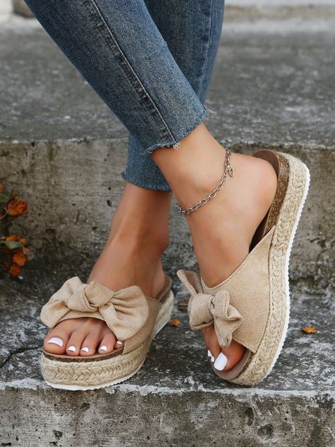 Camel Vacation,Fashionable Collar   Plain  Embellished   Women Shoes Rope Sandals, Espadrilles Slides, Stylish Sandals, Platform Slippers, Platform Wedge Sandals, Womens Wedges, Slides Shoes, Womens Sandals Flat, Thick Heels