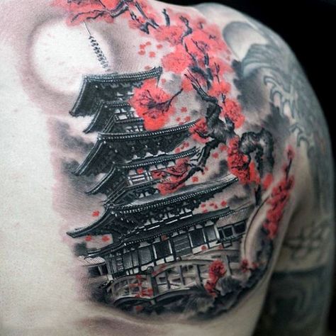 Mens Upper Back Shoulder Japanese Temple With Cherry Blossom Tattoo Japanese Temple Tattoo, Geisha Tattoos, Japanese Tattoos For Men, Temple Tattoo, Japanese Tattoo Symbols, Geisha Tattoo, Kunst Tattoos, Wild Tattoo, Japanese Temple