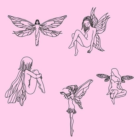 Single Needle Fairy Tattoo, Fairy Tattoo Flash Sheet, Fairy Flash Art, Line Art Fairy Tattoo, Single Line Fairy Tattoo, Small Pixie Tattoo, Watercolor Fairy Tattoo, Fairy Angel Tattoo, Fairy Flash Tattoo