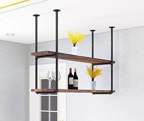 Black Pipe Shelf, Industrial Pipe Shelf, Suspended Shelves, Iron Pipe Shelves, Ceiling Storage Rack, Diy Shelf Brackets, Pipe Shelf Brackets, Folding Shelf Bracket, Black Shelf Brackets